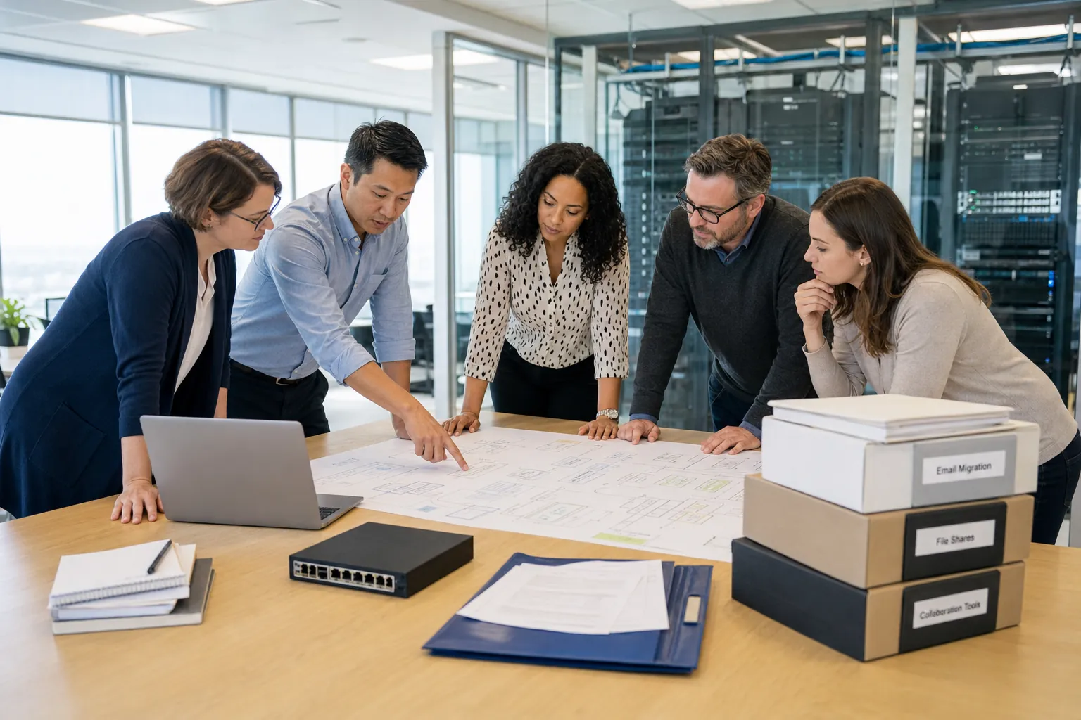 Business and IT team reviewing a Microsoft 365 migration plan in an office