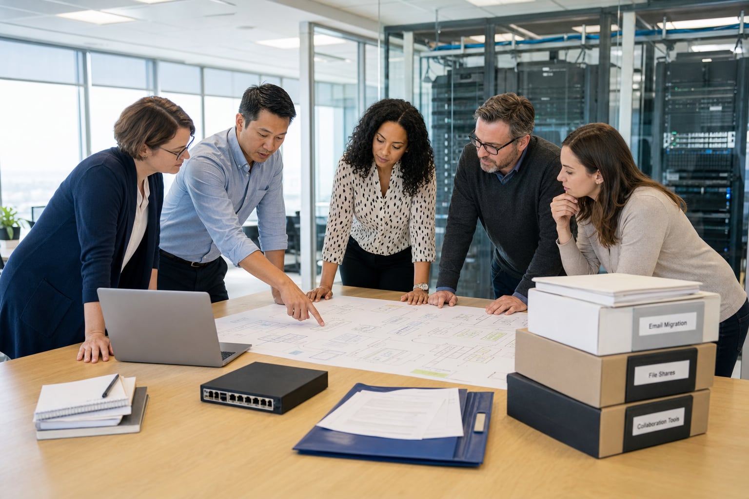Business and IT team reviewing a Microsoft 365 migration plan in an office