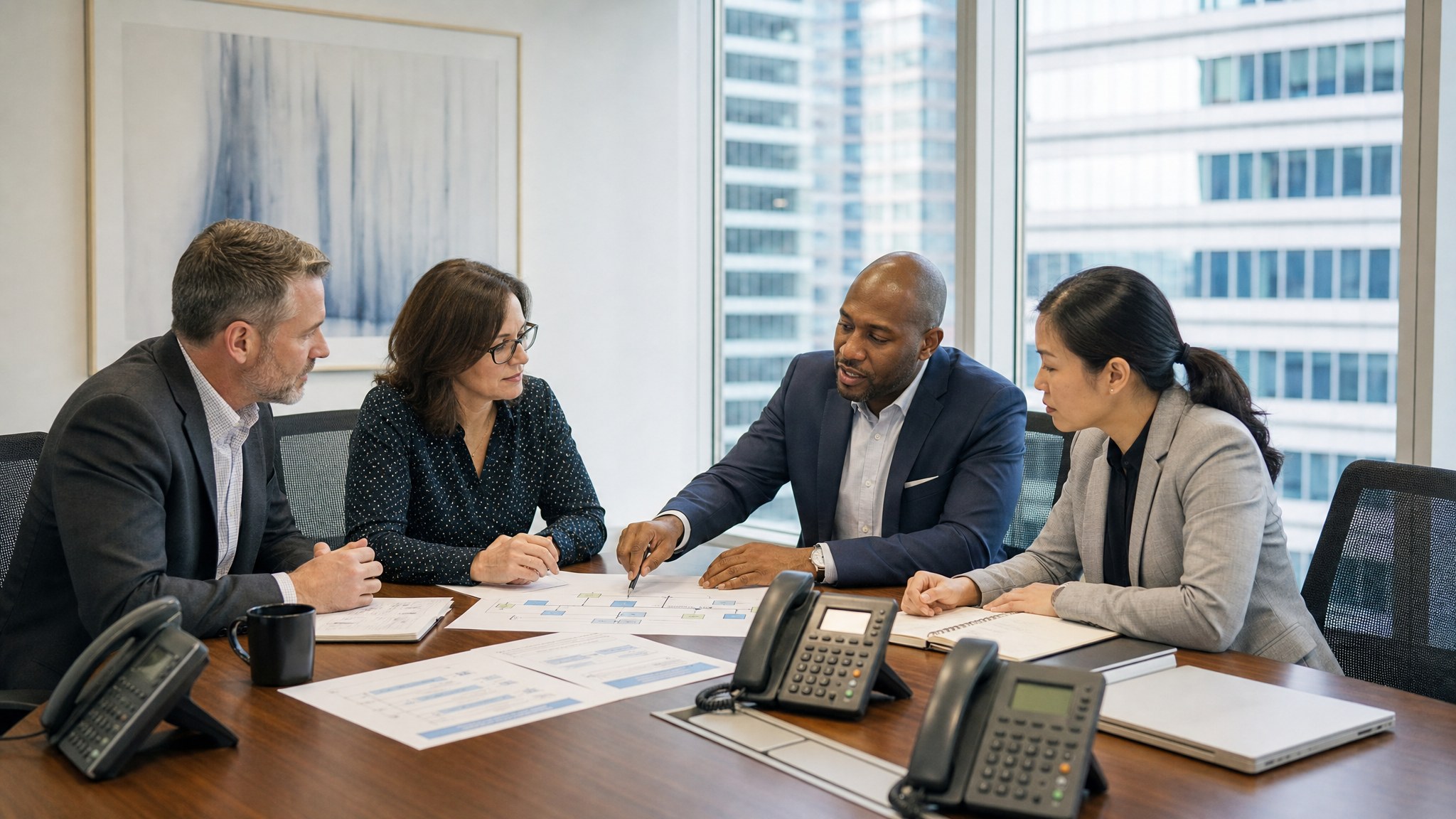 Business leaders reviewing telecom service options and project plans around a conference table