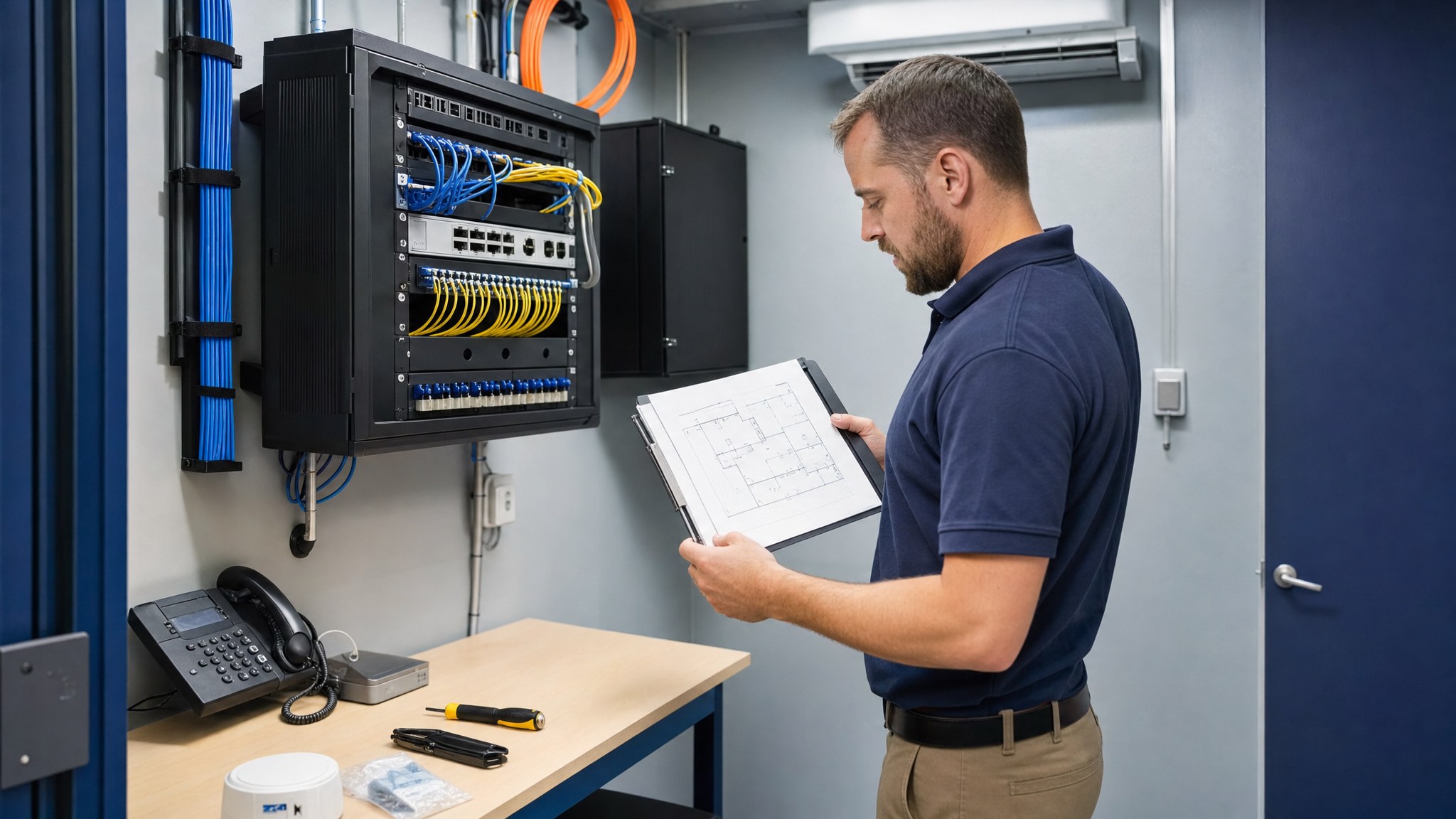 Technician reviewing a telecom installation plan beside an organized office network rack