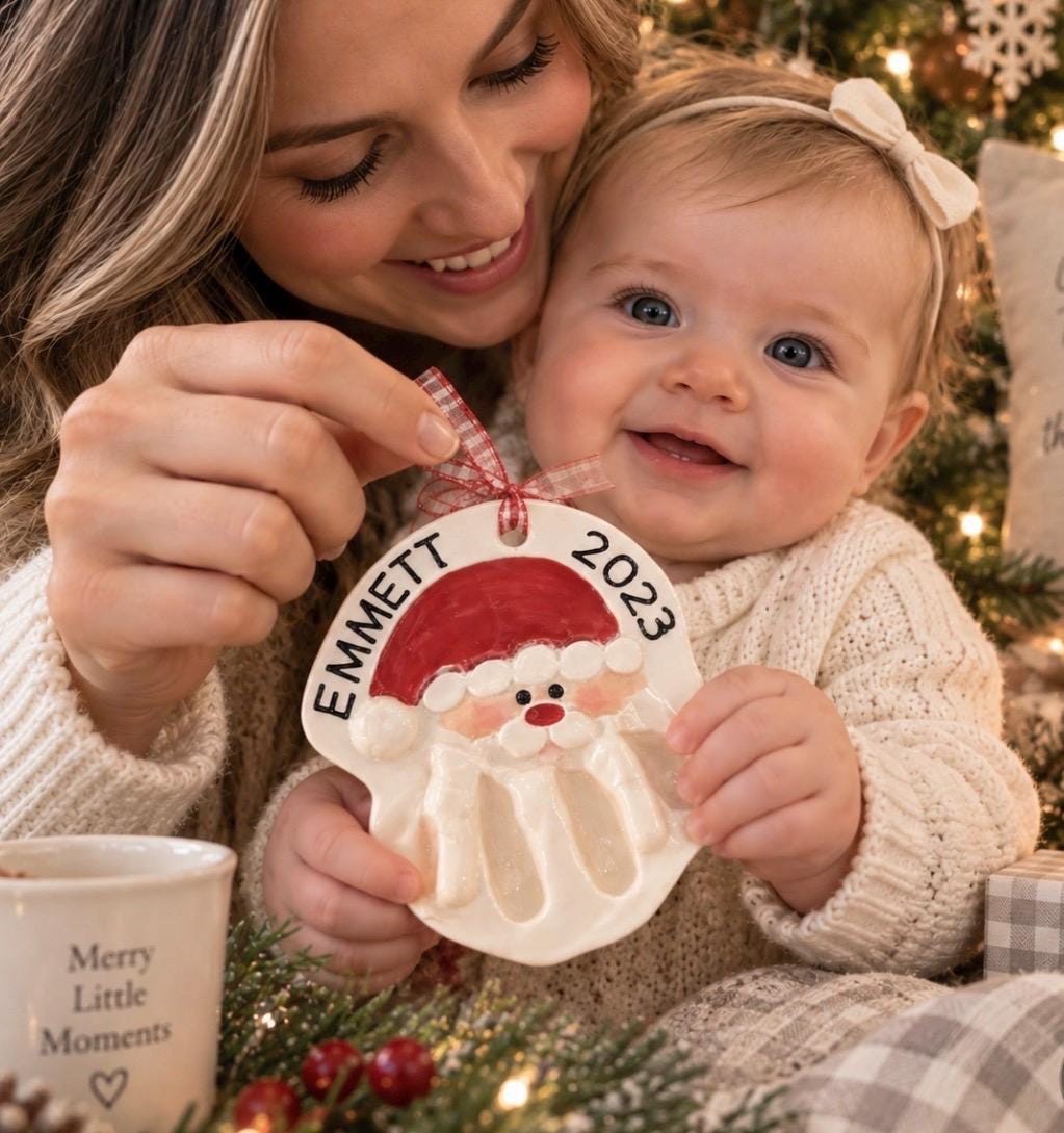 Christmas Handprint Santa Ornament, Custom Baby Ornament, Handprint Mold Kit