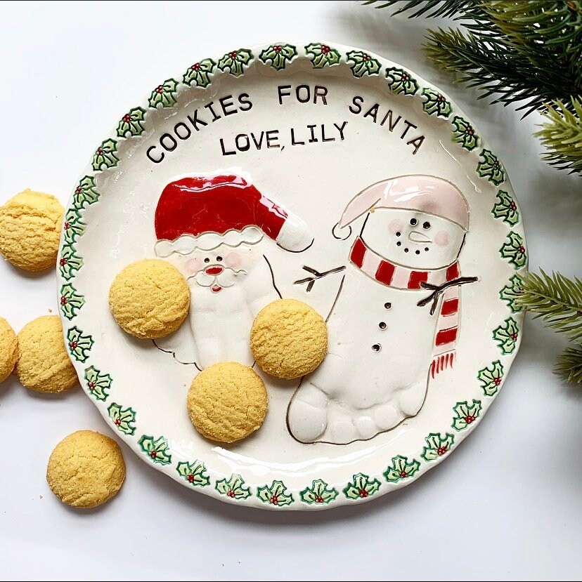 Children’s Christmas Plate, Child’s Cookie Plate , Personalized Plate , Hand and footprint Plate, view 2