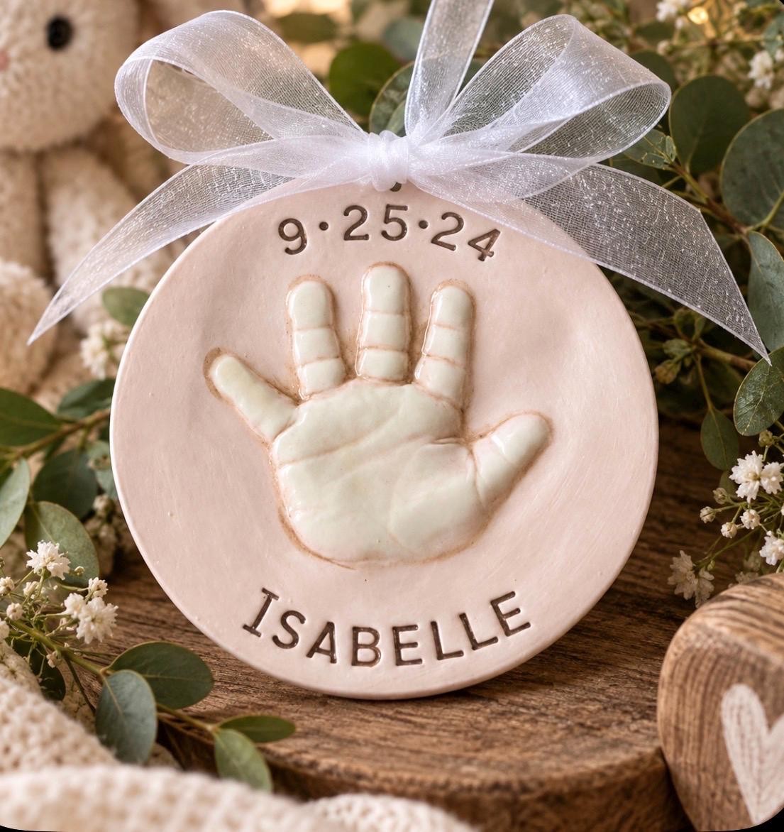 Baby Hand Print Ornament, Ceramic Handprint Keepsake Ornament - Newborn Heirloom Hand Print Ornament - New Baby Memento Ornament