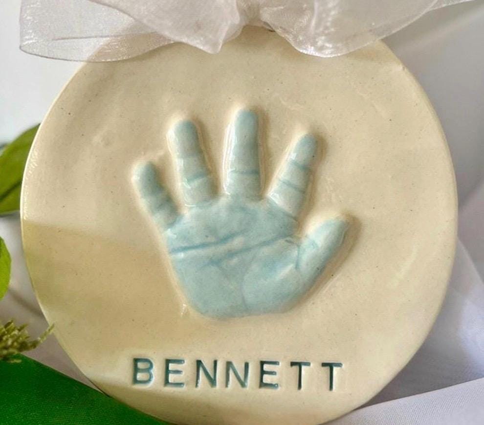 Baby Hand Print Ornament, Ceramic Handprint Keepsake Ornament - Newborn Heirloom Hand Print Ornament - New Baby Memento Ornament, view 19