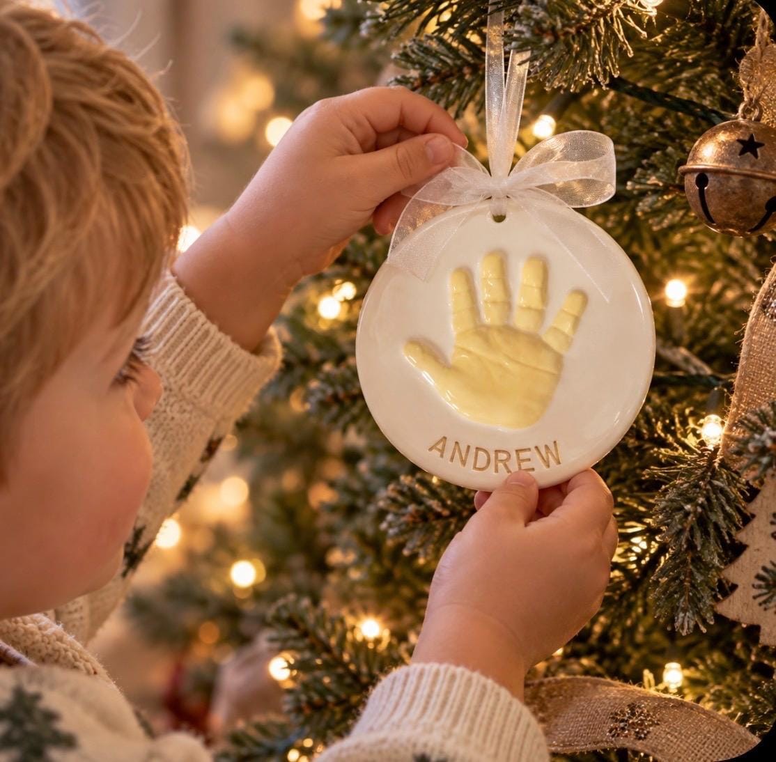 Baby Hand Print Ornament, Ceramic Handprint Keepsake Ornament - Newborn Heirloom Hand Print Ornament - New Baby Memento Ornament, view 2