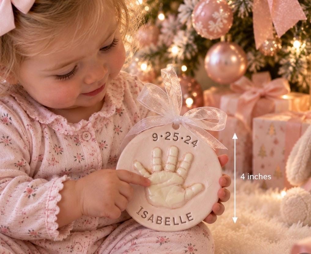 Baby Hand Print Ornament, Ceramic Handprint Keepsake Ornament - Newborn Heirloom Hand Print Ornament - New Baby Memento Ornament, view 3