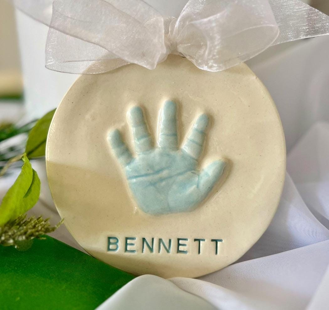 Baby Hand Print Ornament, Ceramic Handprint Keepsake Ornament - Newborn Heirloom Hand Print Ornament - New Baby Memento Ornament, view 4