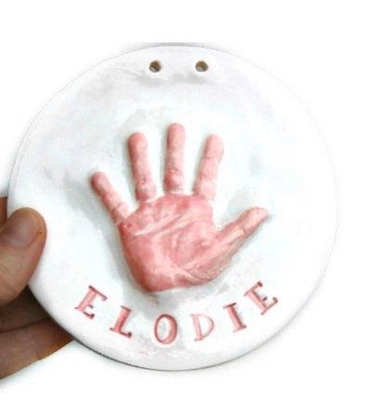 Baby Hand Print Ornament, Ceramic Handprint Keepsake Ornament - Newborn Heirloom Hand Print Ornament - New Baby Memento Ornament, view 5