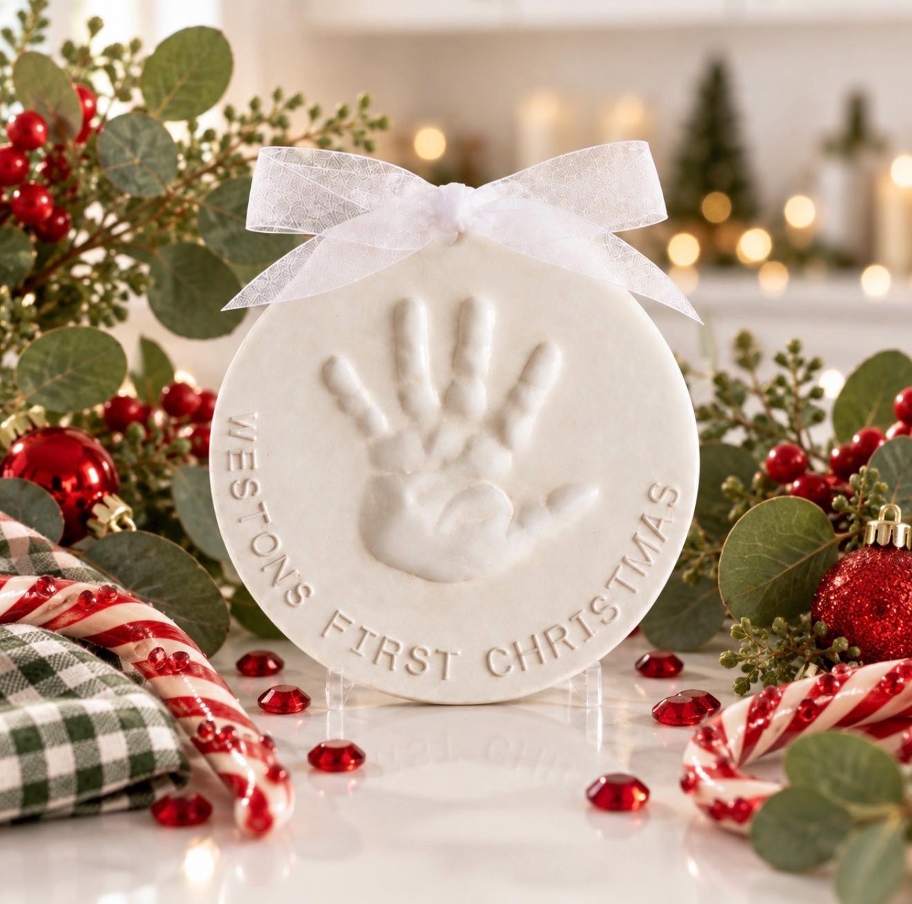 Imprint Hand Print Ornament Keepsake Christmas Ornament Baby Ornament - Handprint Gift Ceramic Memento - Newborn Baby Boy