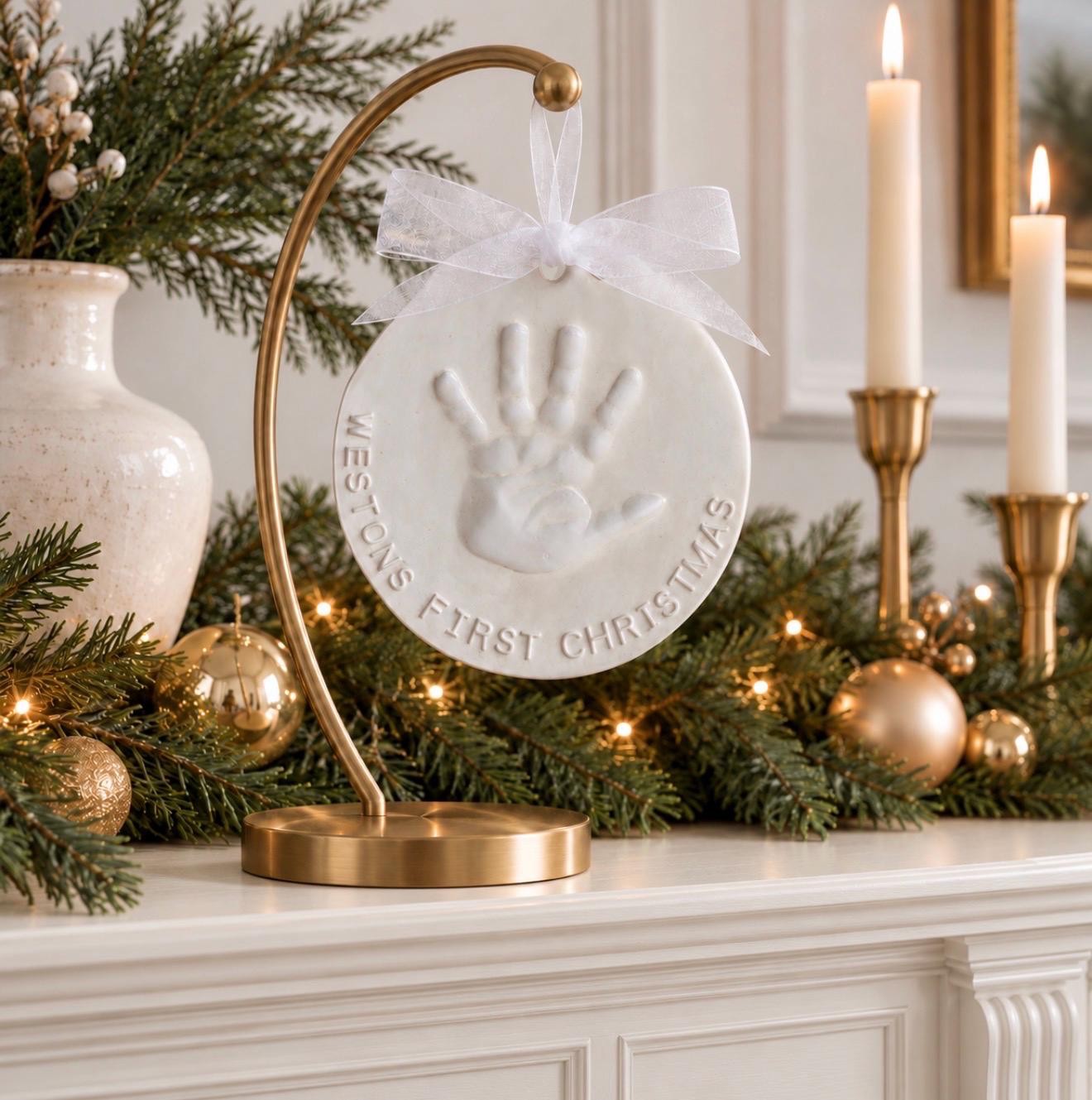 Imprint Hand Print Ornament Keepsake Christmas Ornament Baby Ornament - Handprint Gift Ceramic Memento - Newborn Baby Boy, view 13