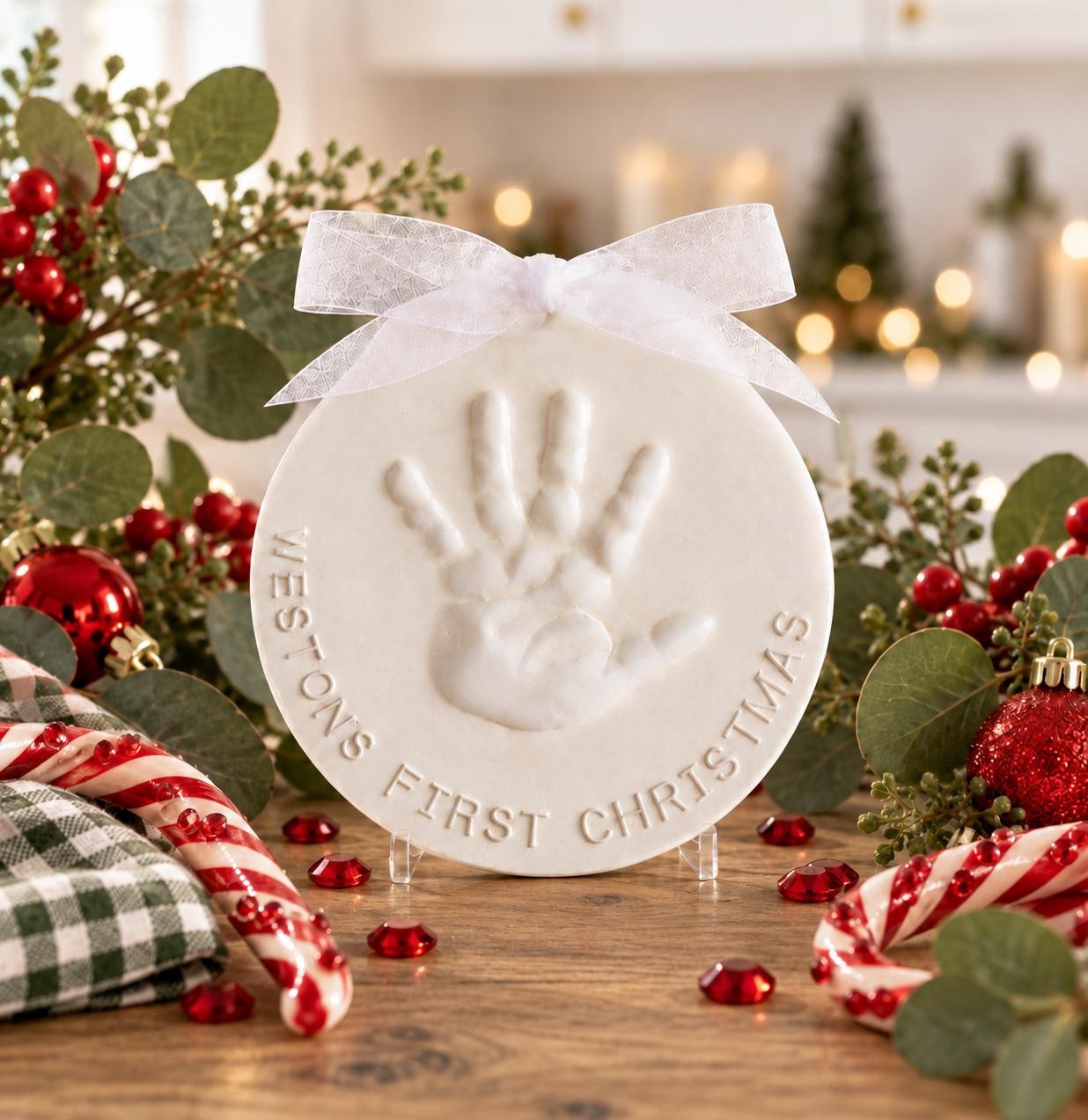 Imprint Hand Print Ornament Keepsake Christmas Ornament Baby Ornament - Handprint Gift Ceramic Memento - Newborn Baby Boy, view 14