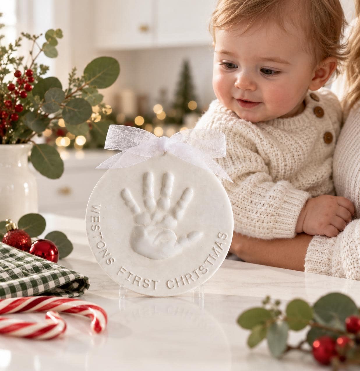 Imprint Hand Print Ornament Keepsake Christmas Ornament Baby Ornament - Handprint Gift Ceramic Memento - Newborn Baby Boy, view 2