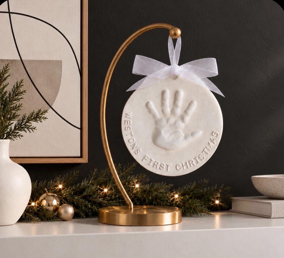 Imprint Hand Print Ornament Keepsake Christmas Ornament Baby Ornament - Handprint Gift Ceramic Memento - Newborn Baby Boy, view 3