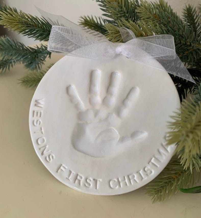 Imprint Hand Print Ornament Keepsake Christmas Ornament Baby Ornament - Handprint Gift Ceramic Memento - Newborn Baby Boy, view 4