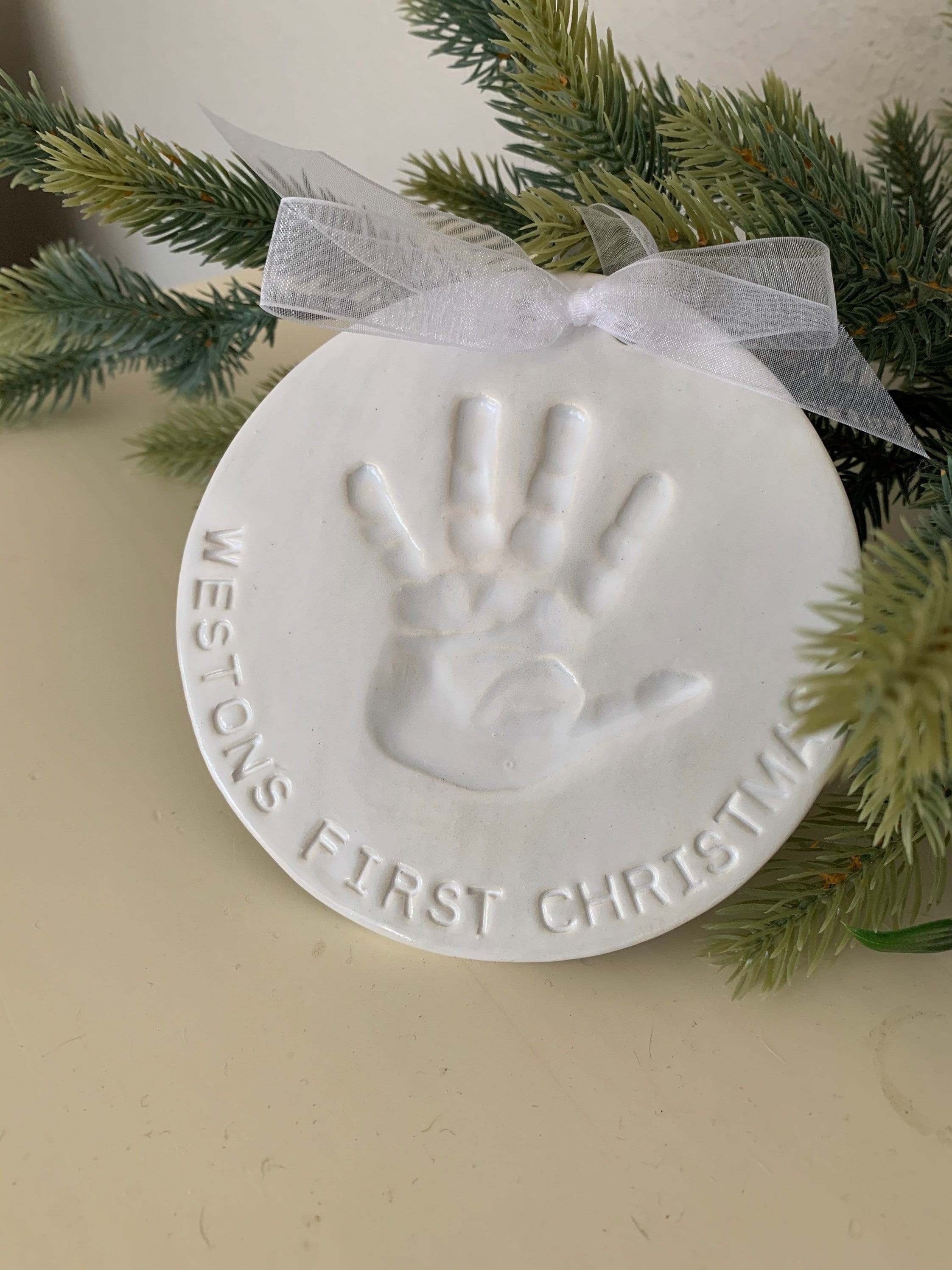 Imprint Hand Print Ornament Keepsake Christmas Ornament Baby Ornament - Handprint Gift Ceramic Memento - Newborn Baby Boy, view 8