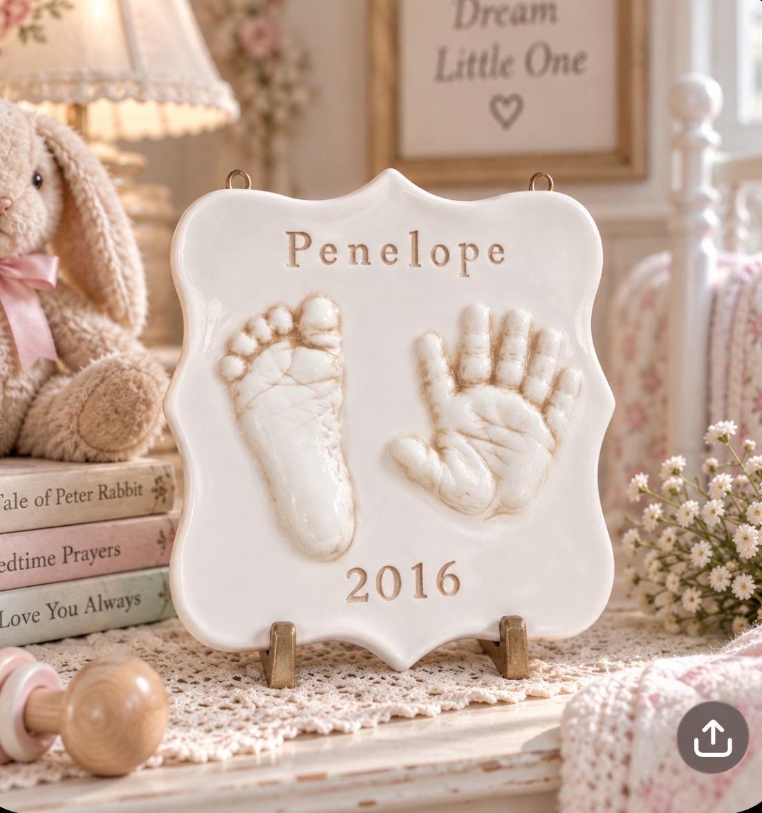 Ceramic Hand and Footprint Keepsake - Foot Print and Hand Print Ornament - New Expecting Mom Personalized Baby Gift, view 2