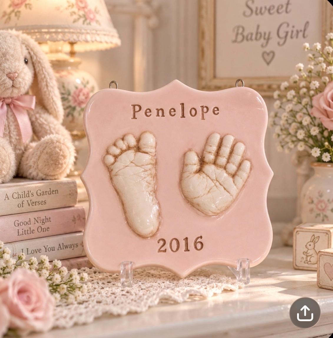 Ceramic Hand and Footprint Keepsake - Foot Print and Hand Print Ornament - New Expecting Mom Personalized Baby Gift, view 3