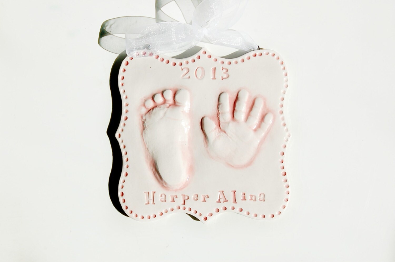 Ceramic Hand and Footprint Keepsake - Foot Print and Hand Print Ornament - New Expecting Mom Personalized Baby Gift, view 9