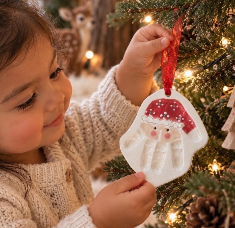Folk Art Handprint Santa Ornament, Custom Baby Ornament, Handprint Ornament