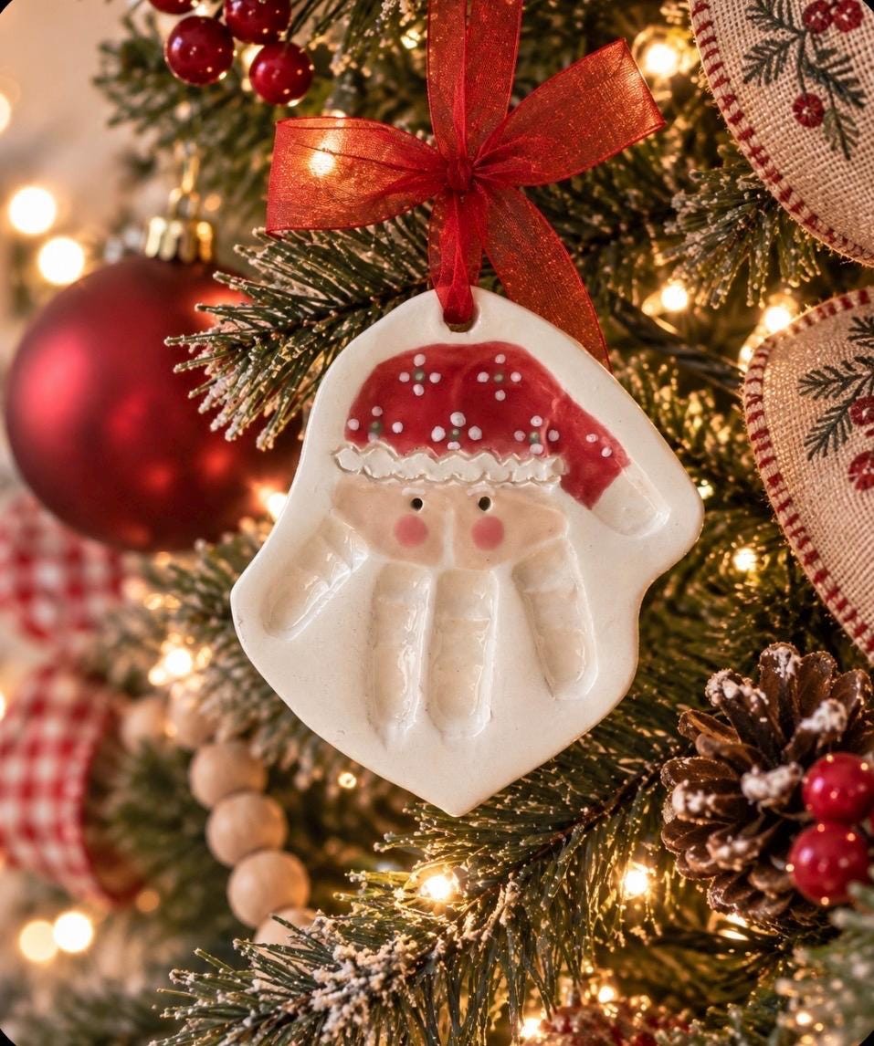 Folk Art Handprint Santa Ornament, Custom Baby Ornament, Handprint Ornament, view 2