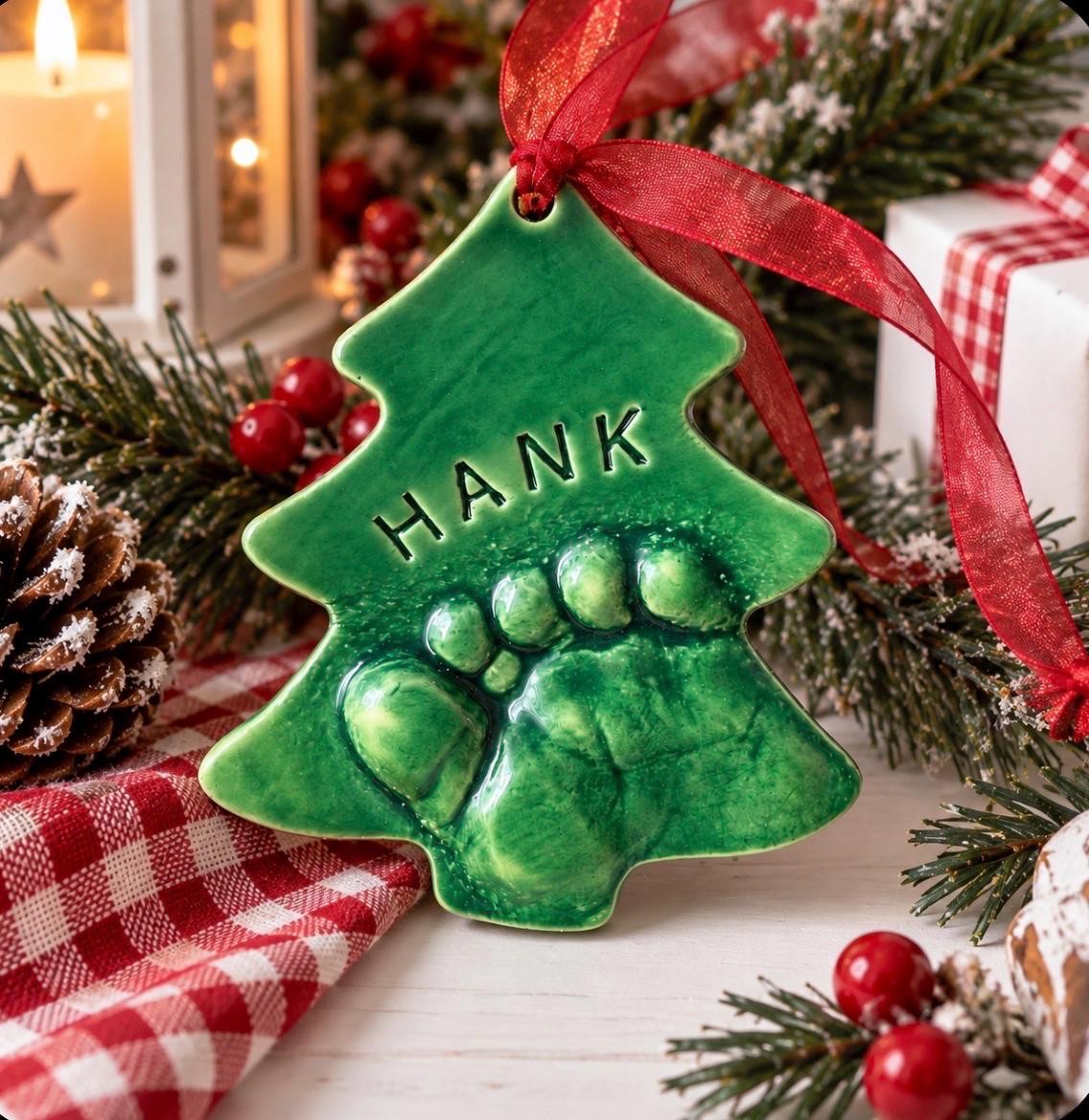 Baby Footprint Christmas Tree Ornament Keepsake, Personalized Ceramic Ornament