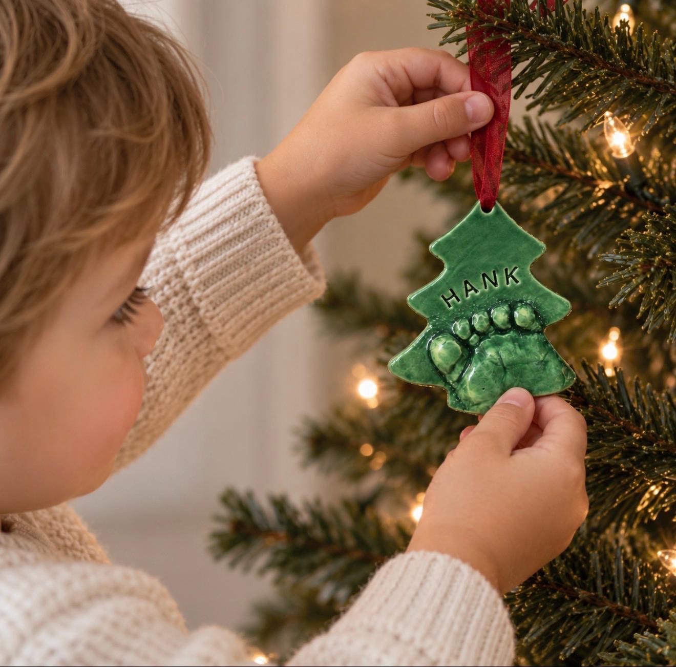 Baby Footprint Christmas Tree Ornament Keepsake, Personalized Ceramic Ornament, view 2