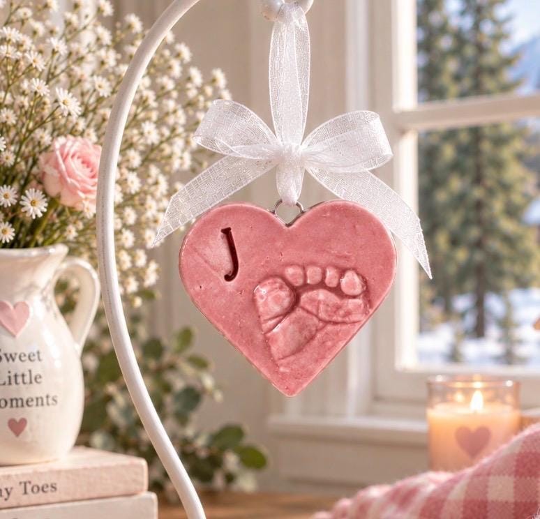 Baby Footprint Heart Ornament Keepsake, Personalized Ceramic Gift, view 10