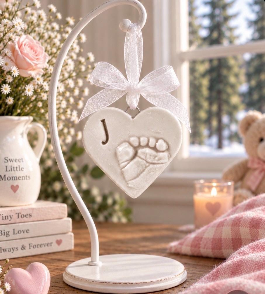 Baby Footprint Heart Ornament Keepsake, Personalized Ceramic Gift, view 11