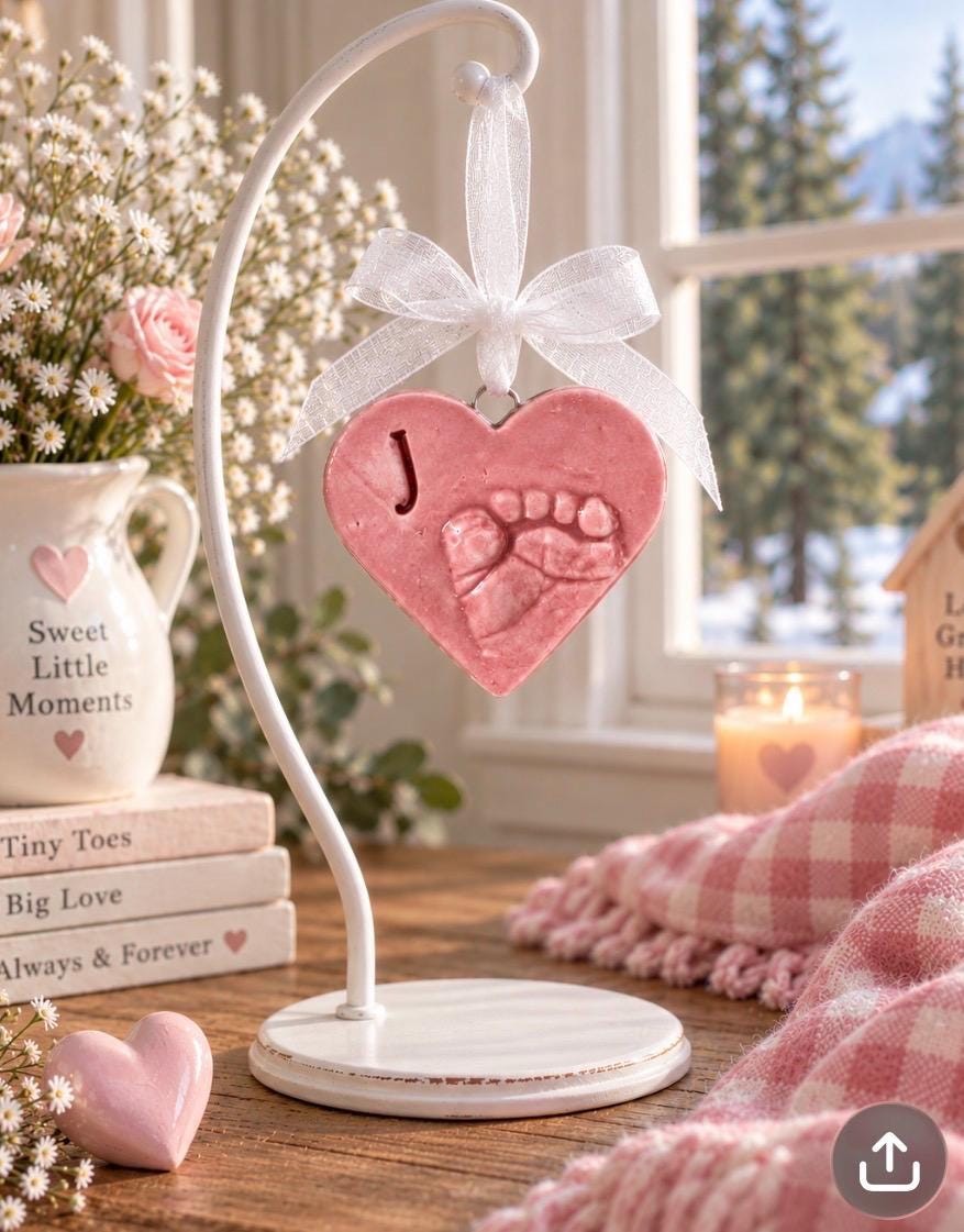 Baby Footprint Heart Ornament Keepsake, Personalized Ceramic Gift, view 3