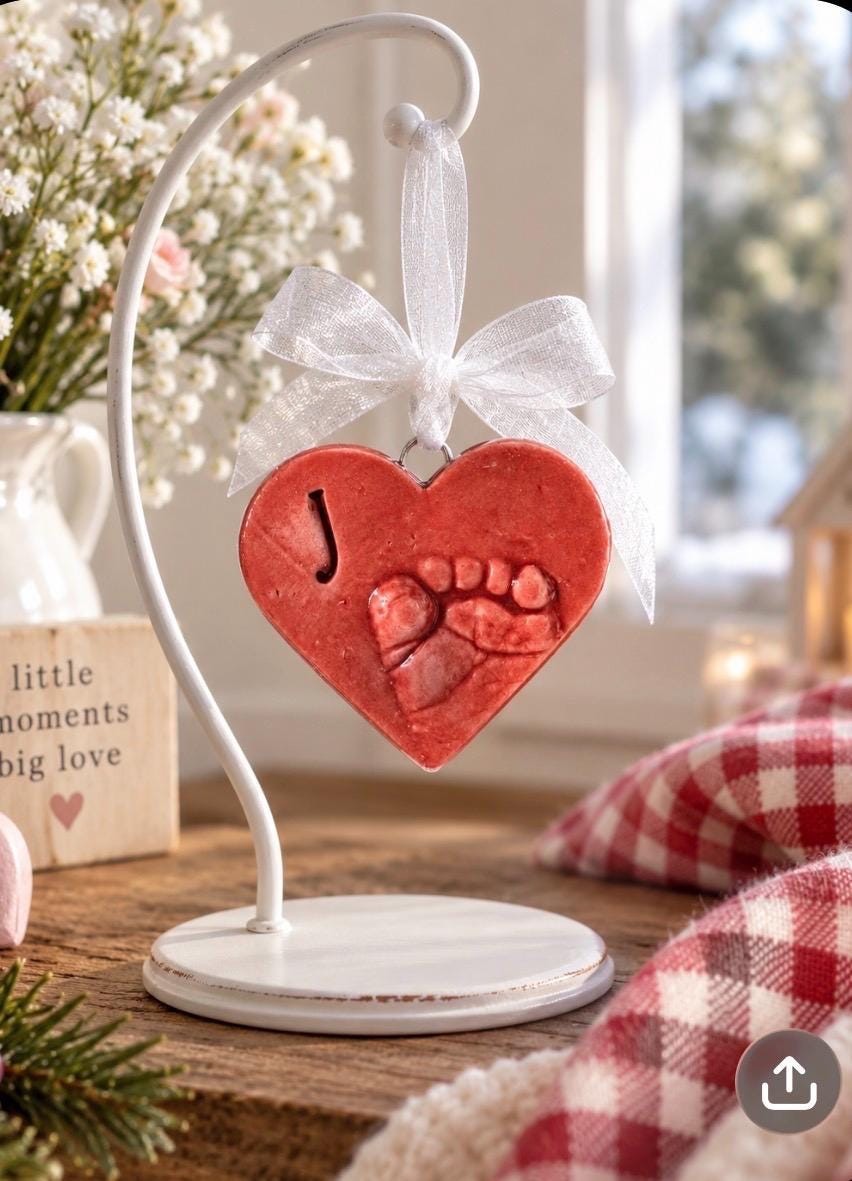Baby Footprint Heart Ornament Keepsake, Personalized Ceramic Gift, view 4