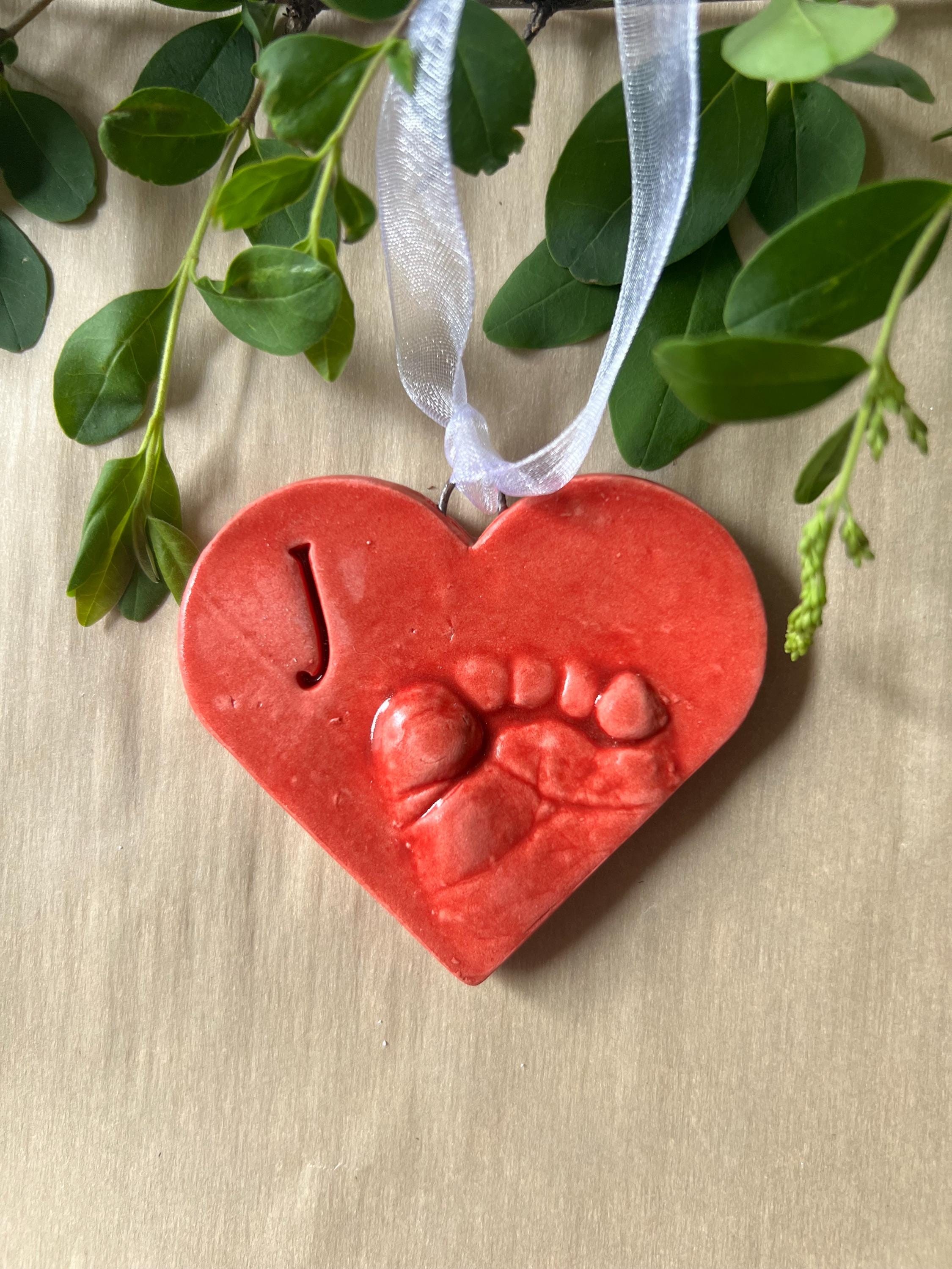 Baby Footprint Heart Ornament Keepsake, Personalized Ceramic Gift, view 7