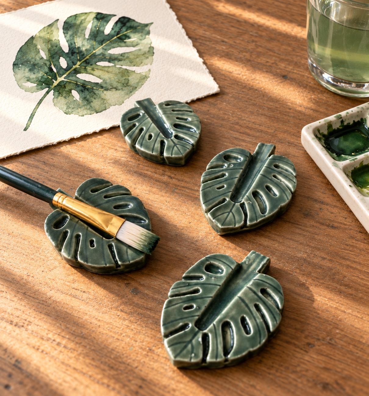 Monstera Leaf Ceramic Paint Brush Rest, Green Art Studio Holder