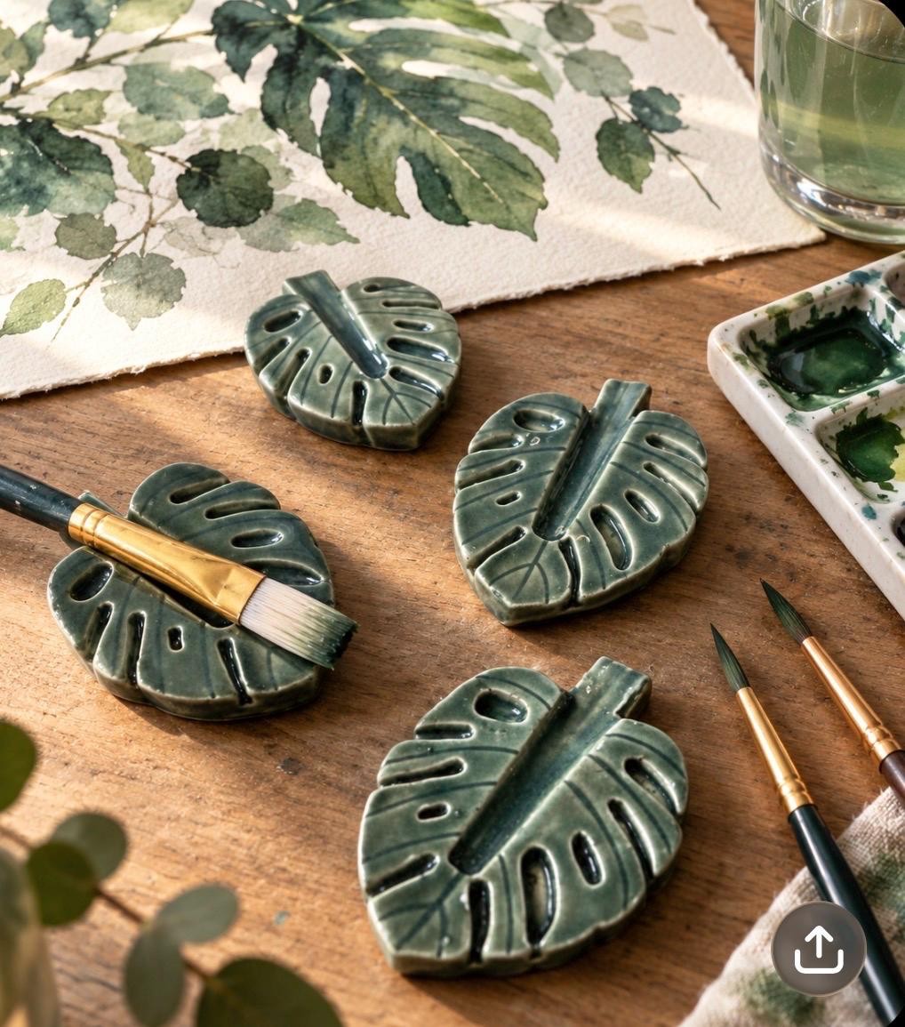 Monstera Leaf Ceramic Paint Brush Rest, Green Art Studio Holder, view 3