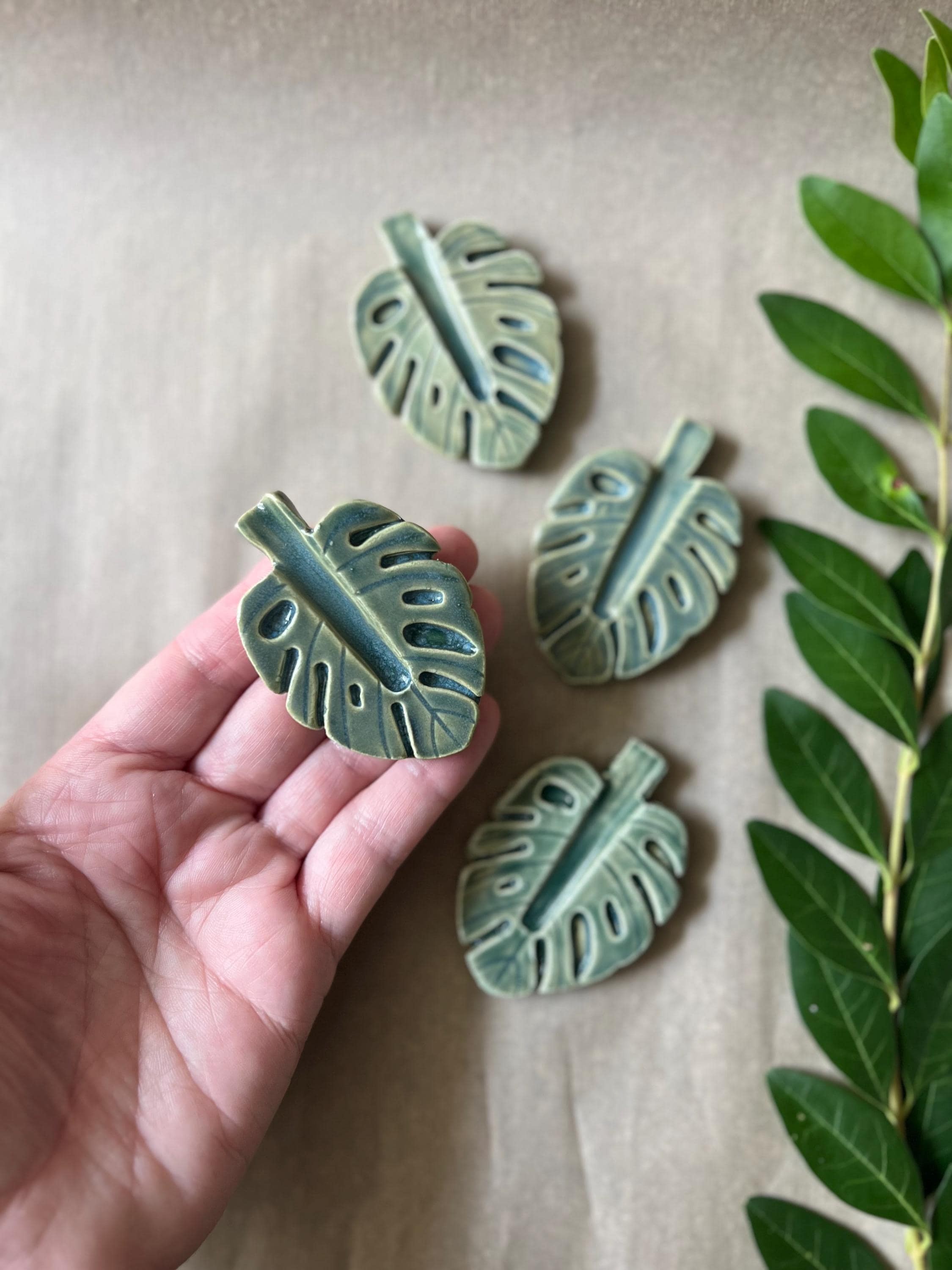 Monstera Leaf Ceramic Paint Brush Rest, Green Art Studio Holder, view 5