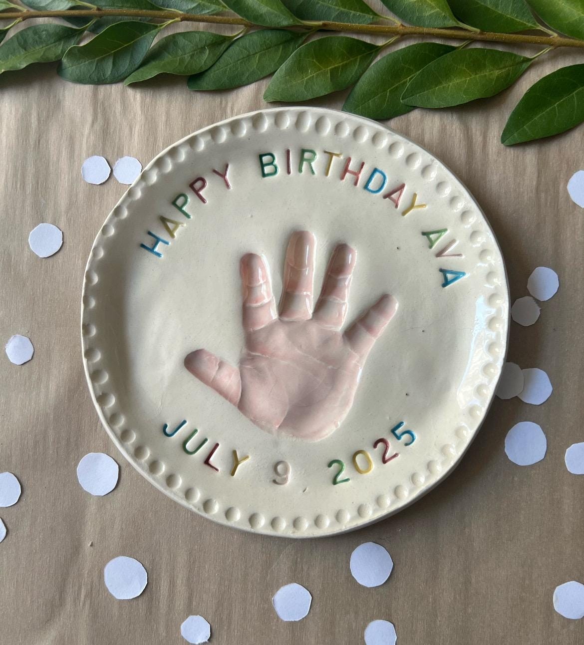Handmade Ceramic Baby Birthday Plate, Custom Handprint Gift, view 2
