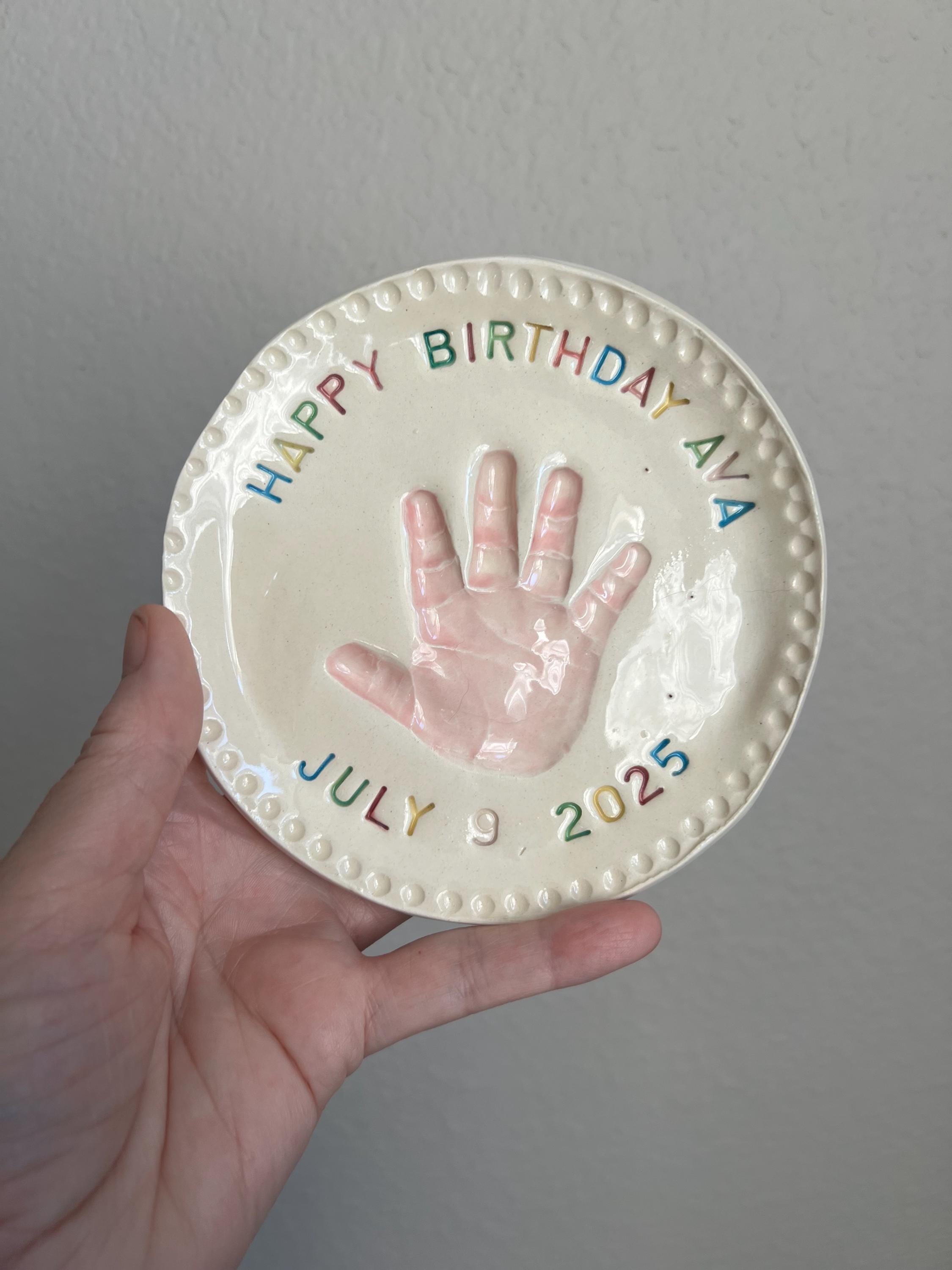 Handmade Ceramic Baby Birthday Plate, Custom Handprint Gift, view 5