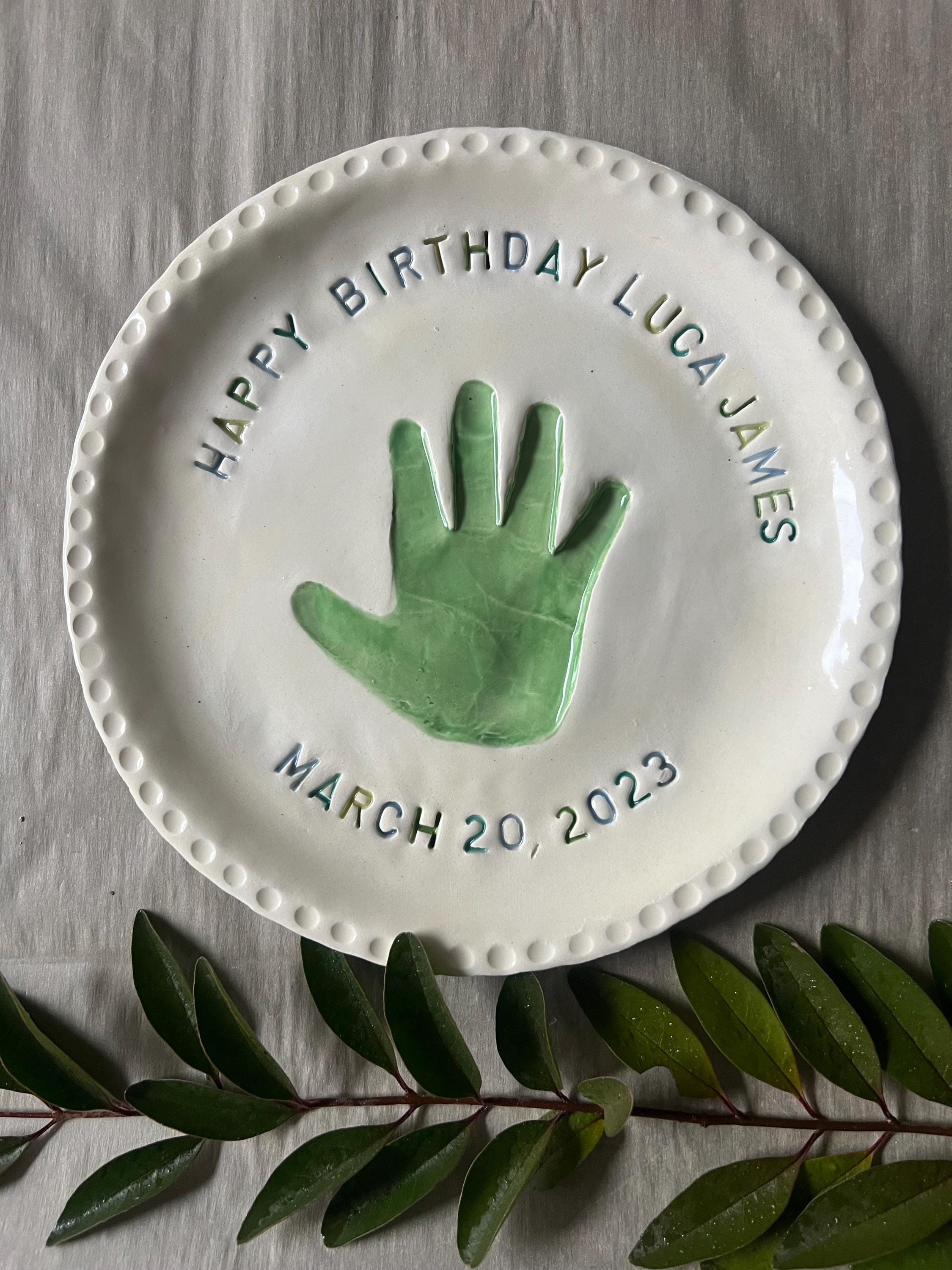 Handmade Ceramic Baby Birthday Plate, Custom Handprint Gift, view 6