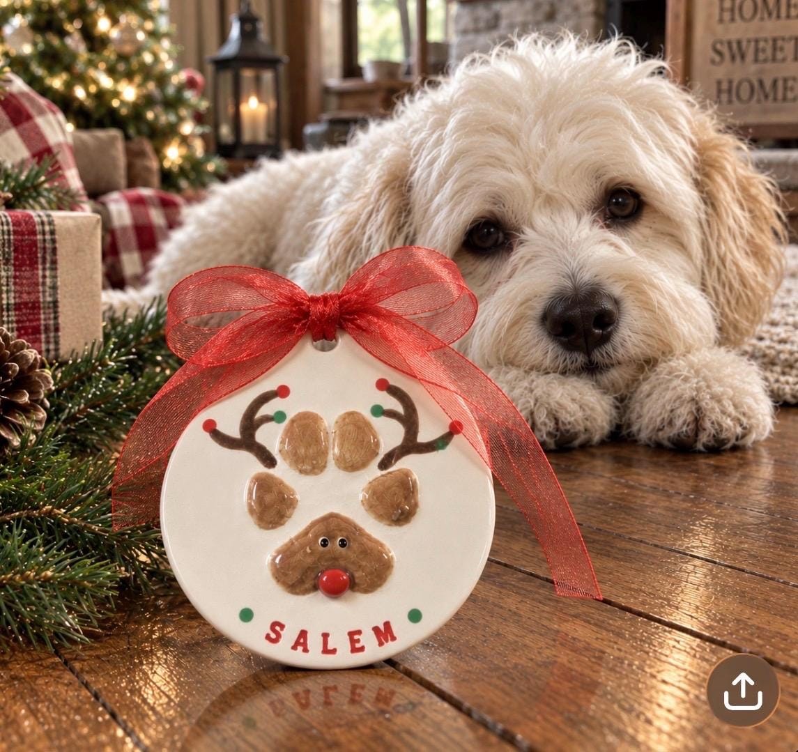 Personalized Dog Paw Print Rudolph Ornament, Ceramic Keepsake