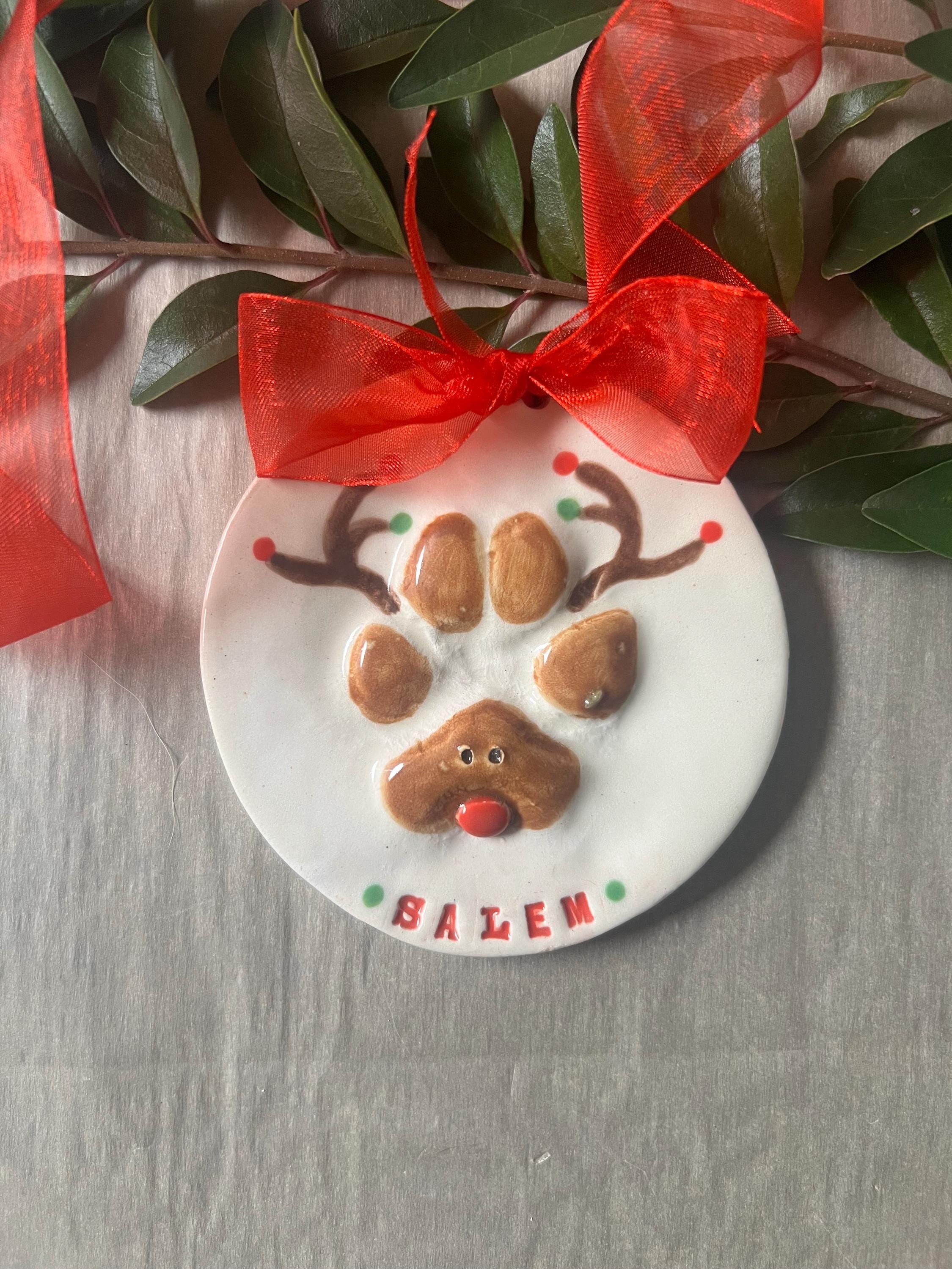 Personalized Dog Paw Print Rudolph Ornament, Ceramic Keepsake, view 2