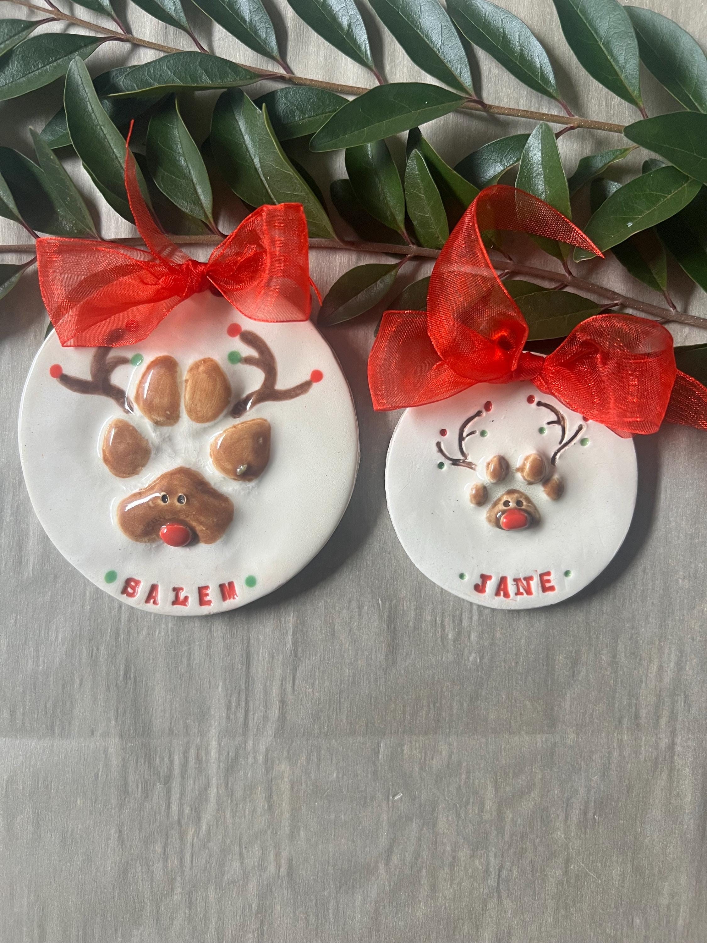 Personalized Dog Paw Print Rudolph Ornament, Ceramic Keepsake, view 3