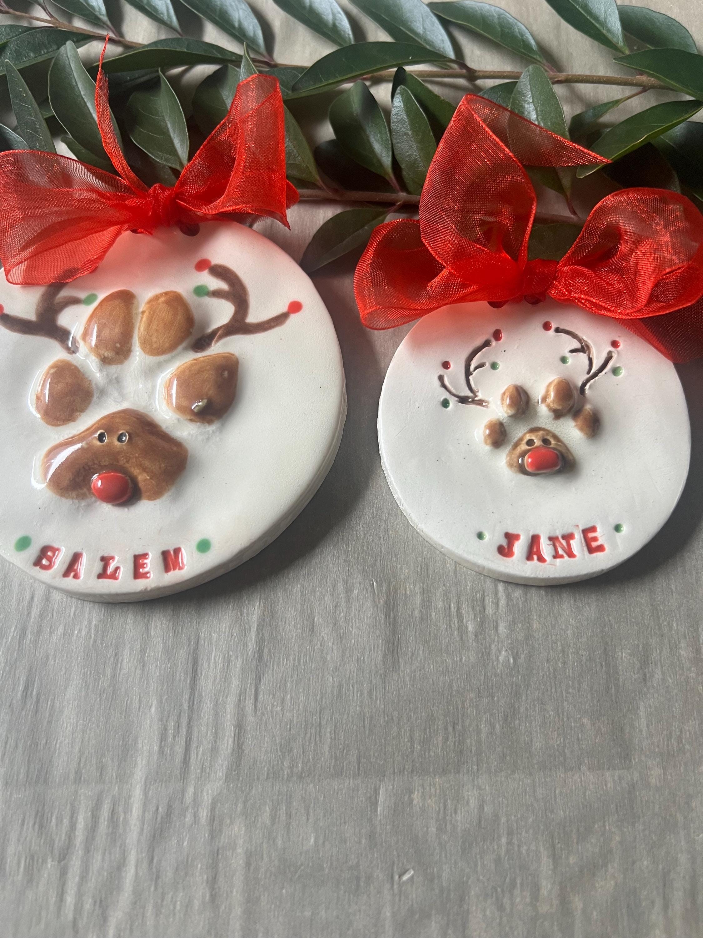 Personalized Dog Paw Print Rudolph Ornament, Ceramic Keepsake, view 4