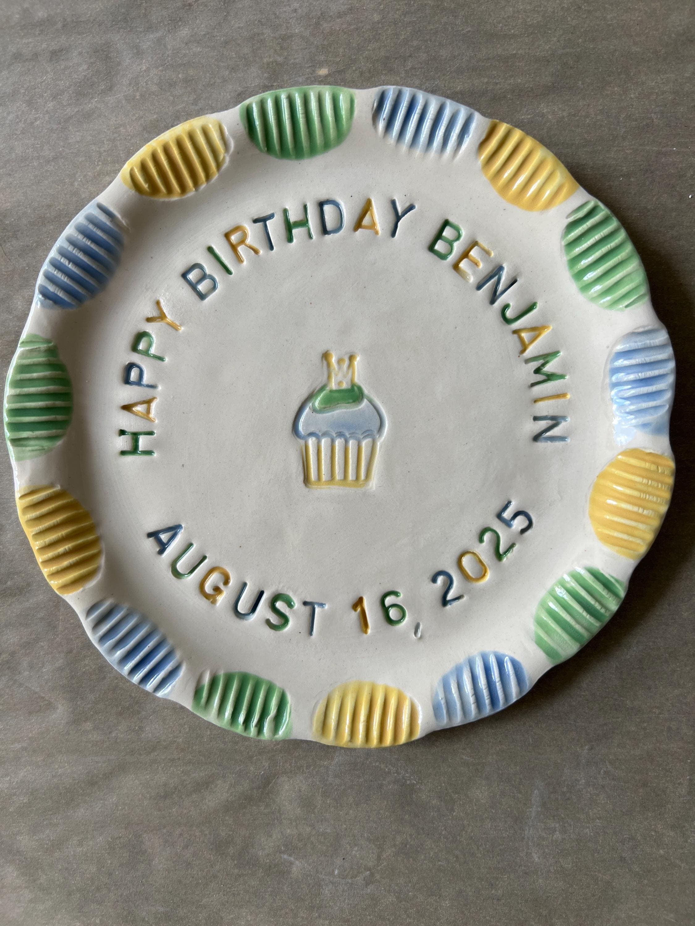 Custom Hand-Painted Ceramic Birthday Plate, Keepsake Cupcake Dish, view 2