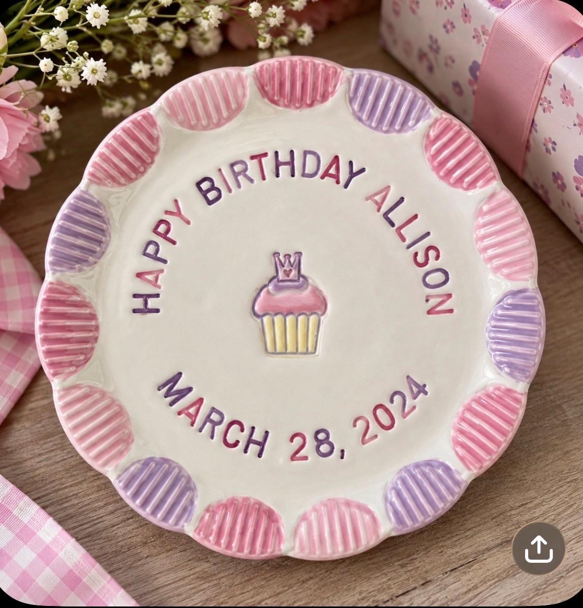 Custom Hand-Painted Ceramic Birthday Plate, Keepsake Cupcake Dish, view 3