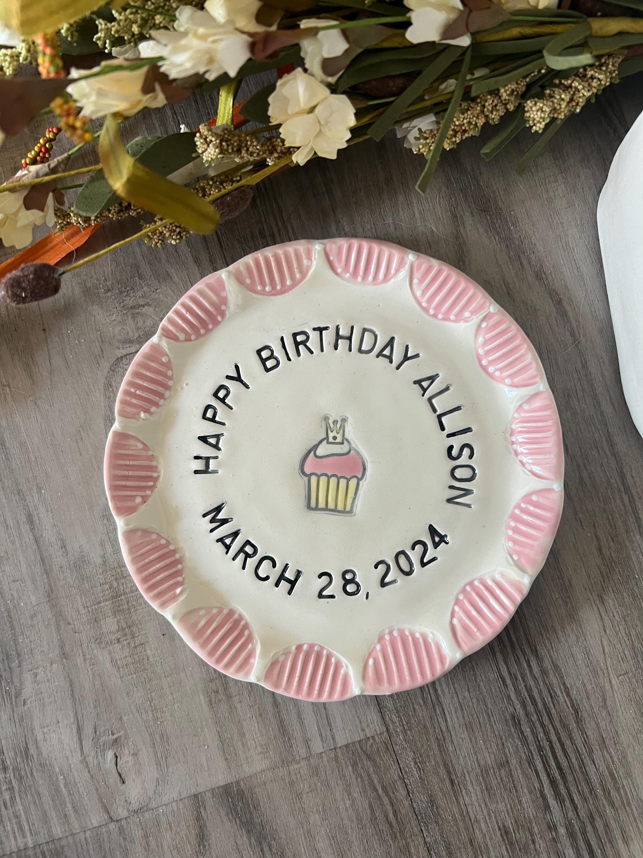 Custom Hand-Painted Ceramic Birthday Plate, Keepsake Cupcake Dish, view 4
