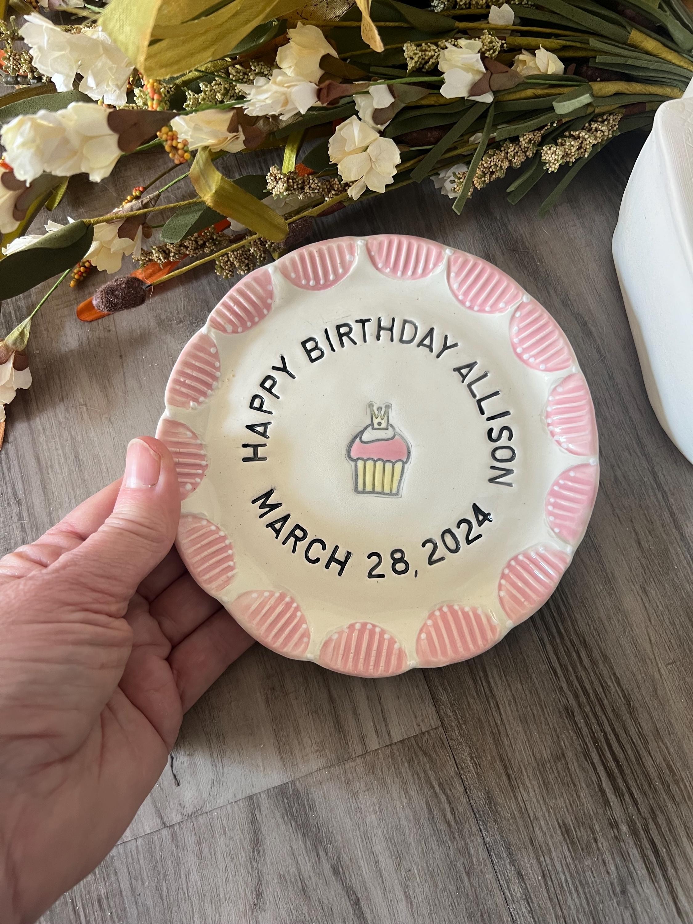Custom Hand-Painted Ceramic Birthday Plate, Keepsake Cupcake Dish, view 6