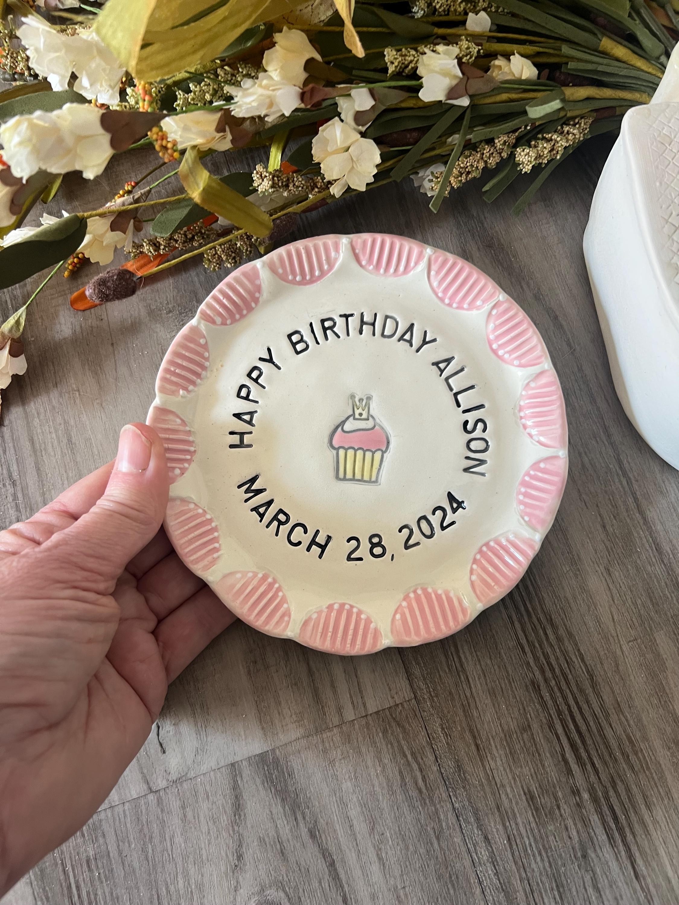 Custom Hand-Painted Ceramic Birthday Plate, Keepsake Cupcake Dish, view 9