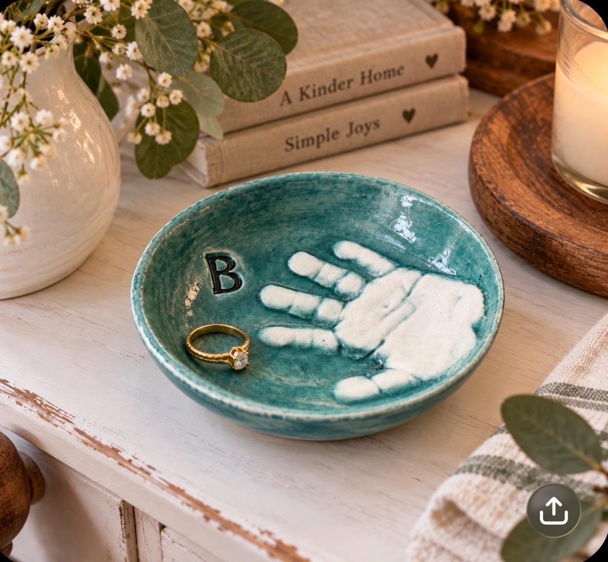 Custom Handprint Ceramic Dish, Baby Keepsake Jewelry Plate, Personalized Initial Bowl