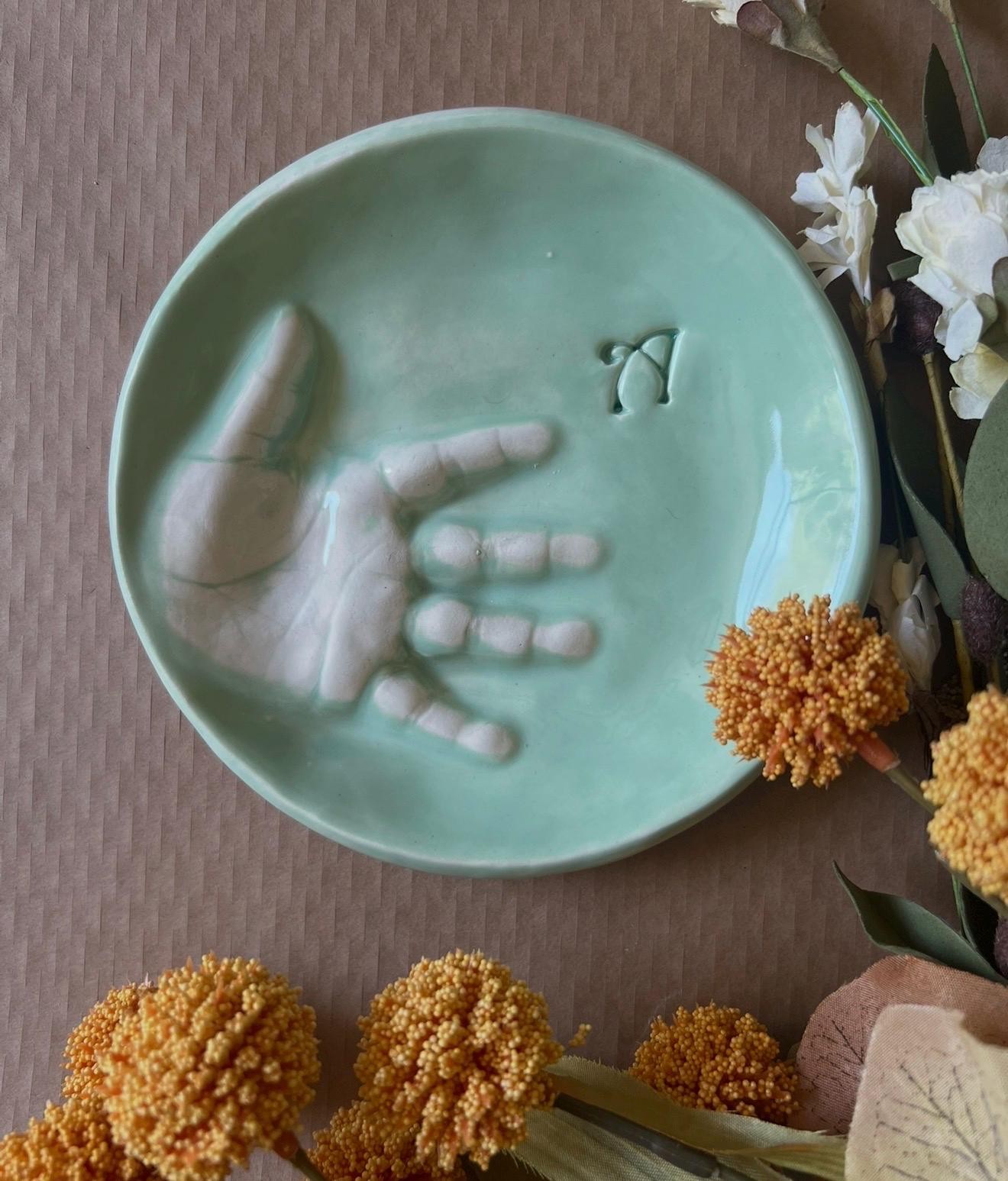 Custom Handprint Ceramic Dish, Baby Keepsake Jewelry Plate, Personalized Initial Bowl, view 13
