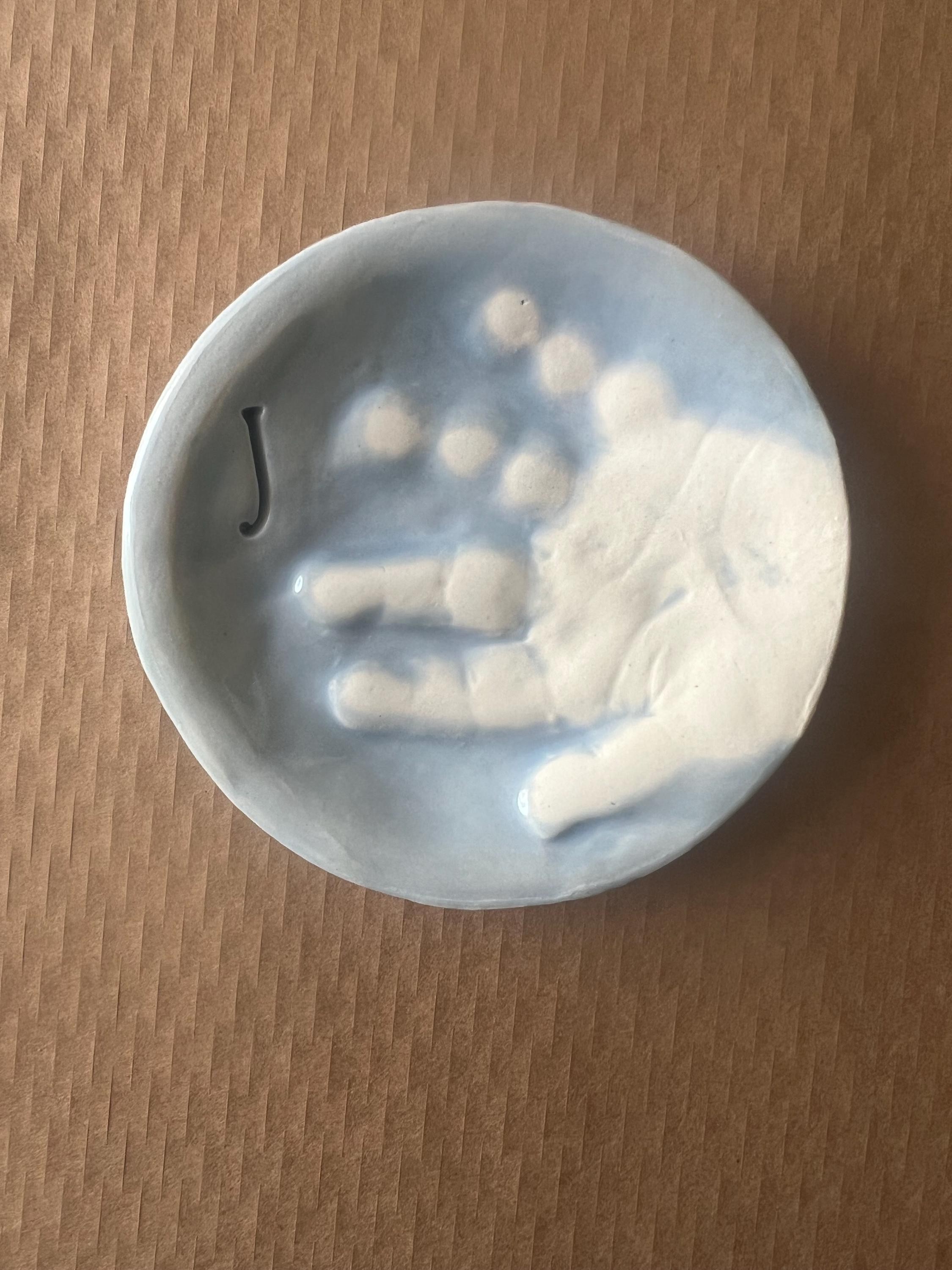 Custom Handprint Ceramic Dish, Baby Keepsake Jewelry Plate, Personalized Initial Bowl, view 14
