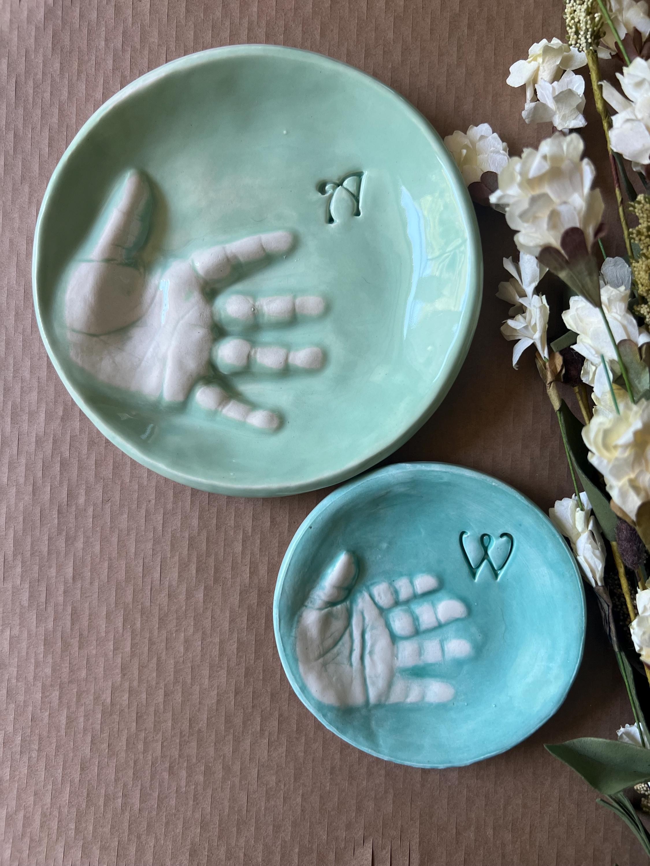 Custom Handprint Ceramic Dish, Baby Keepsake Jewelry Plate, Personalized Initial Bowl, view 15